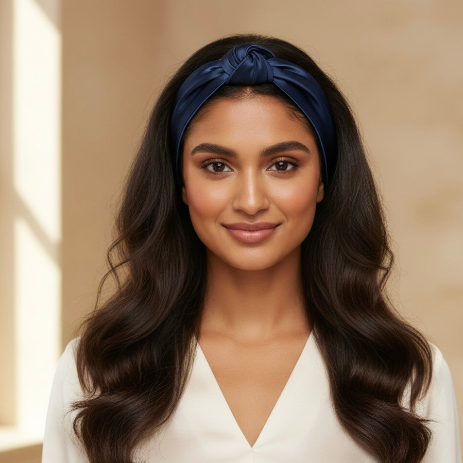 yosmo-luxe-hoofdband-zijde-donkerblauw-in-haar-model