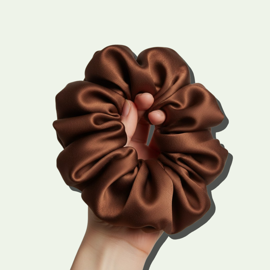 yosmo-grote-zijden-scrunchie-in-hand-donkerbruin