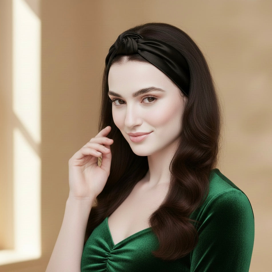 yosmo-luxe-hoofdband-zijde-zwart-in-haar-model