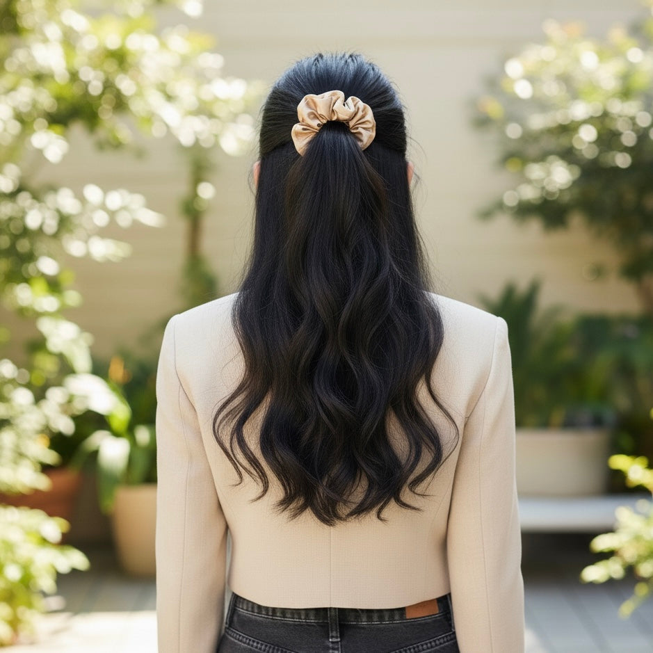 yosmo-zijden-scrunchie-med-champagne-model