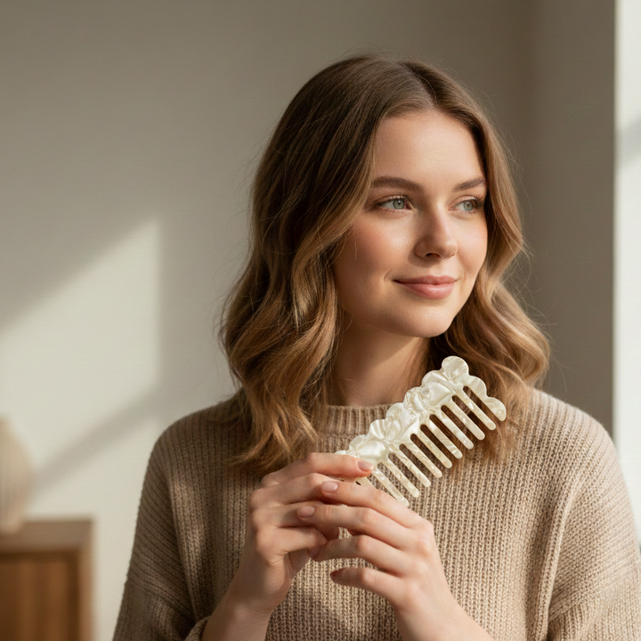 model-houdt-yosmo-acetaat-haarkam-vast