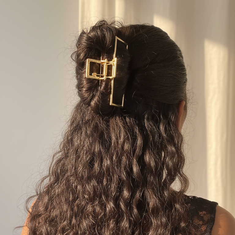 model-draagt-gouden-metalen-haarklem-in-haar-yosmo