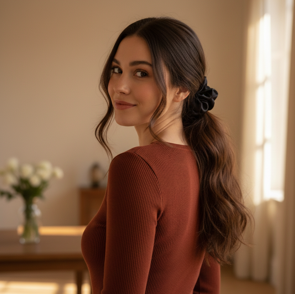 yosmo-grote-scrunchie-in-haar-model-zwart