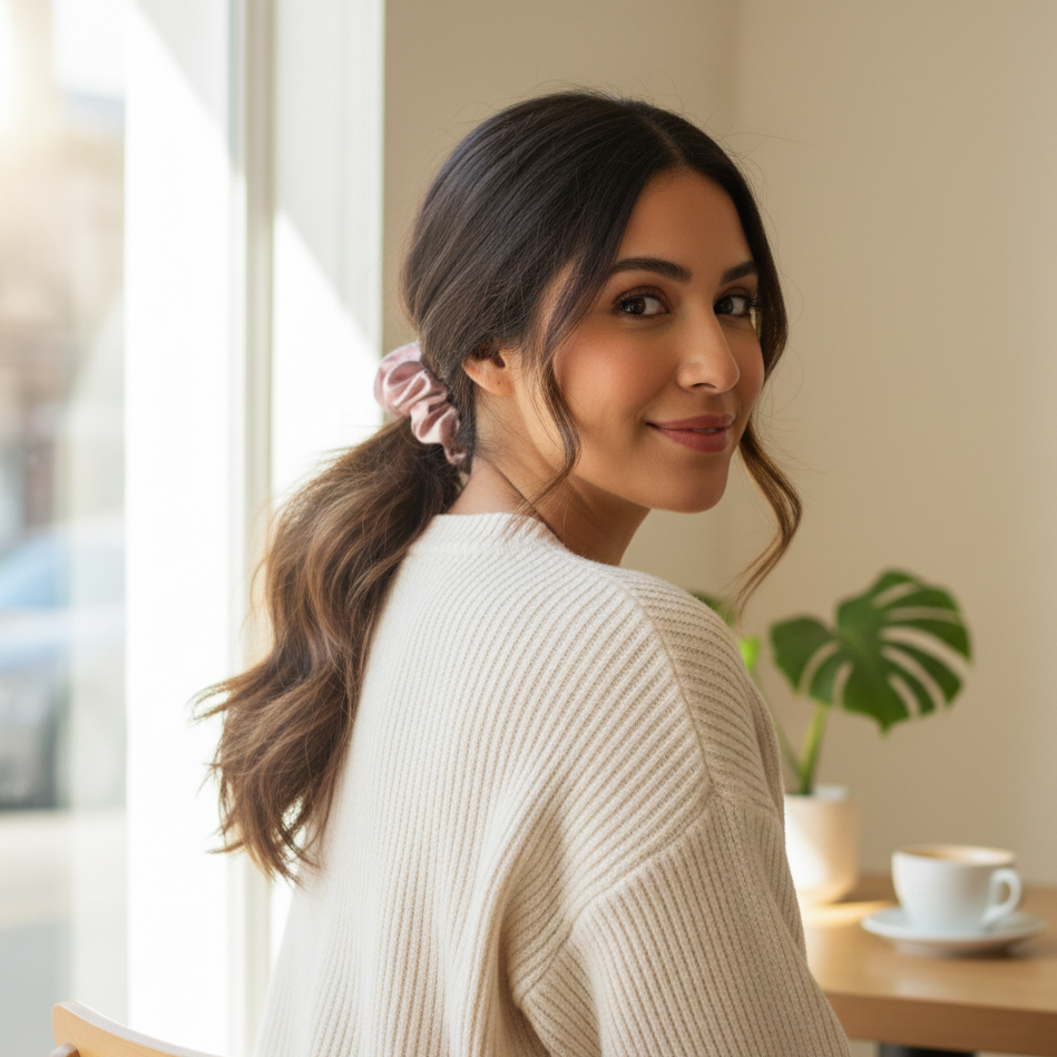 yosmo-zijden-scrunchie-med-blush-model