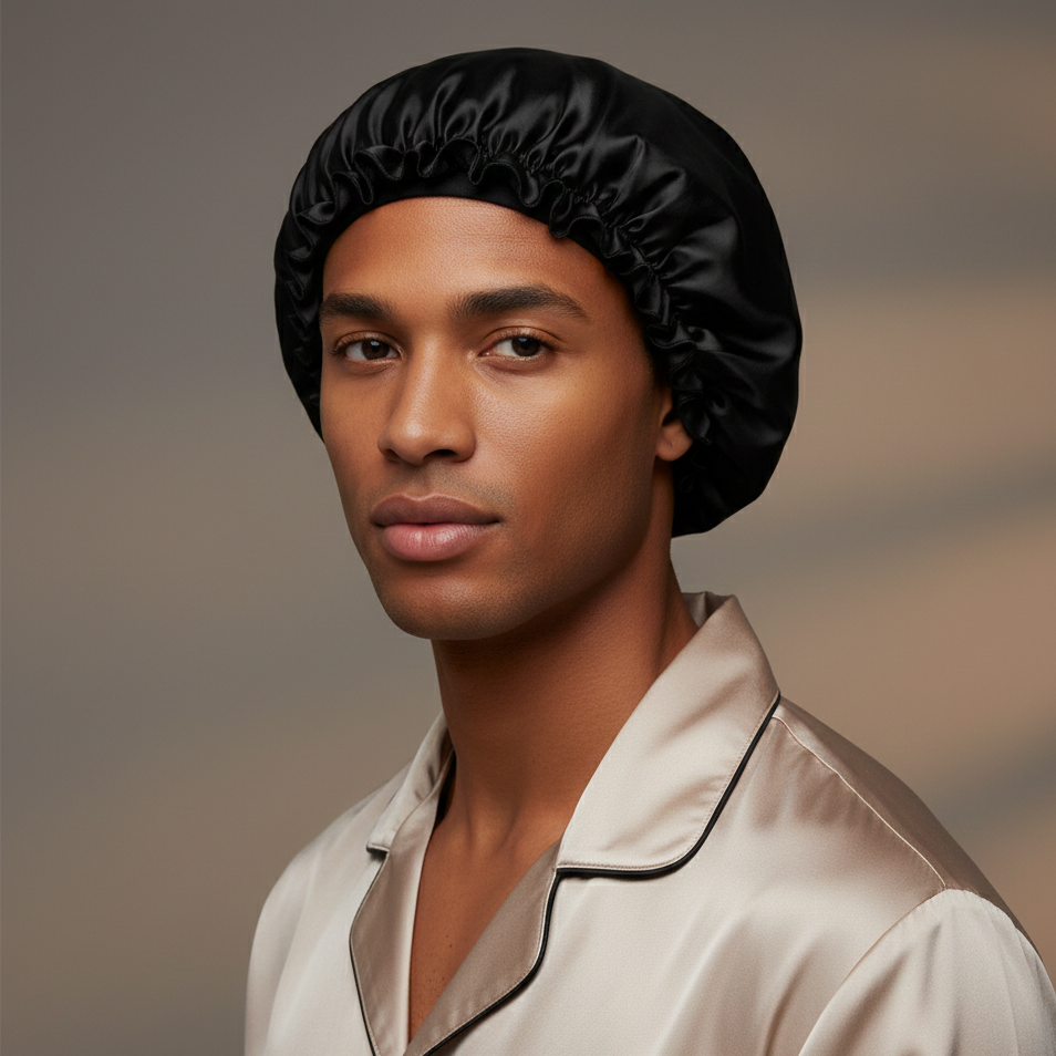 yosmo-zijden-bonnet-zwart-op-model