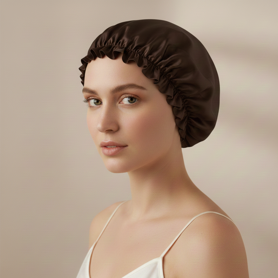 yosmo-zijden-bonnet-donkerbruin-op-model