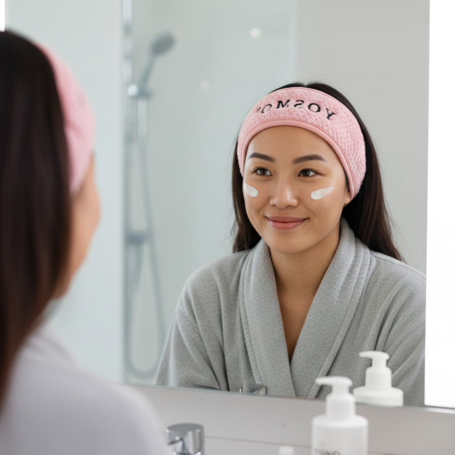 yosmo-skincare-haarband-roze-op-hoofd-model