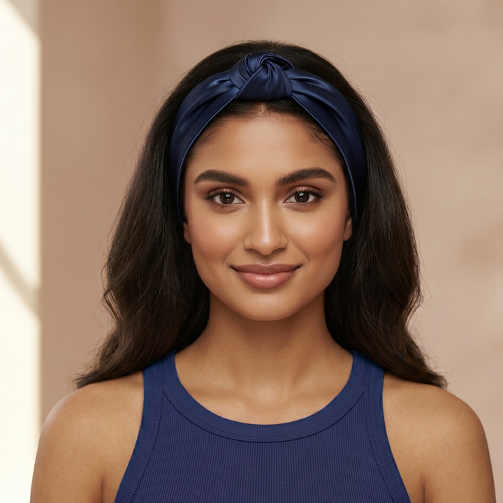 yosmo-luxe-hoofdband-zijde-donkerblauw-in-haar-model