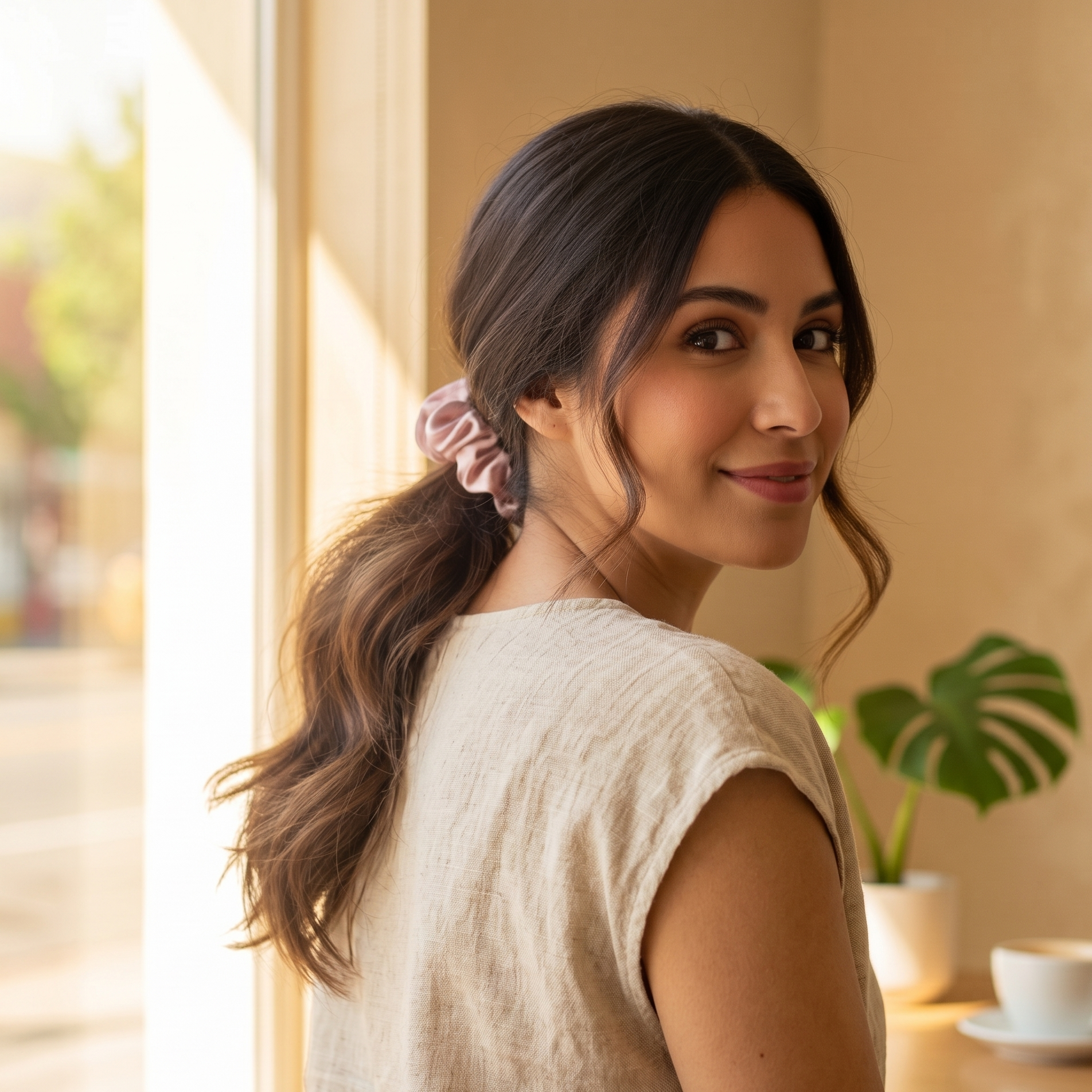 yosmo-zijden-scrunchie-med-blush-model